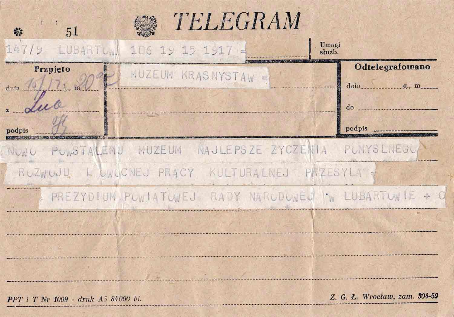 Życzenia z okazji otwarcia Muzeum w Krasnymstawie od PPRN w Lubartowie - 1962